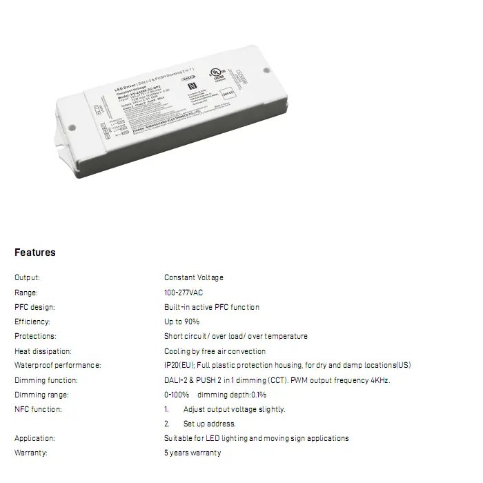 60W ধ্রুবক ভোল্টেজ DALI CCT ডিমিং LED ড্রাইভার